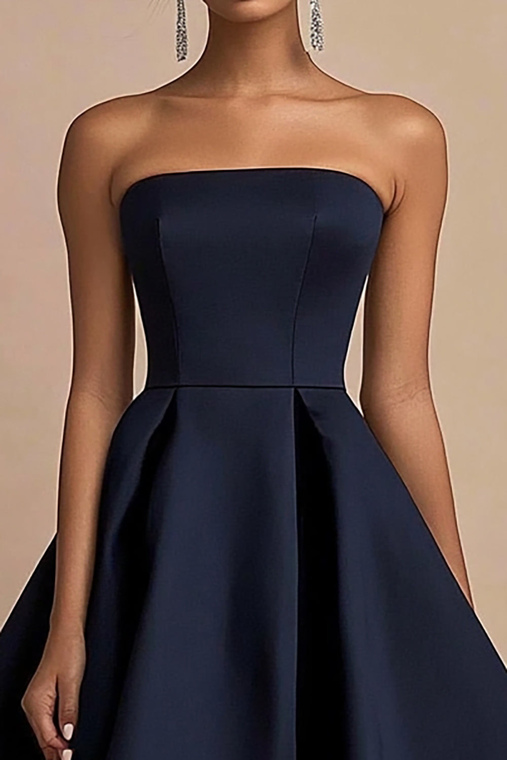 Navy A Line Satin Square Neck Mid-Calf Wedding Guest Dress