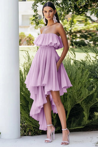 Lilac Pleated Asymmetrical Chiffon Wedding Guest Dress with Ruffles