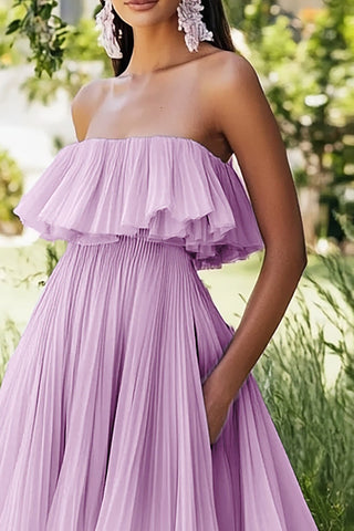 Lilac Pleated Asymmetrical Chiffon Wedding Guest Dress with Ruffles