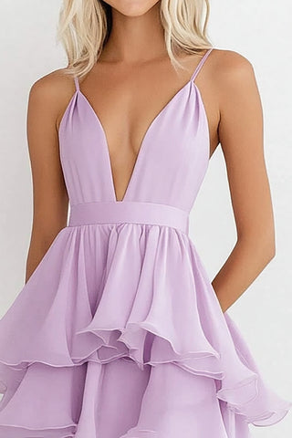 Lilac Chiffon Knee-Length V-Neck Wedding Guest Dress with Ruffles