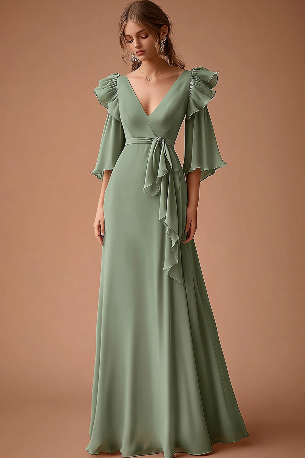 Vestido comprido para convidada de casamento em chiffon Dusty Sage com folhos e mangas
