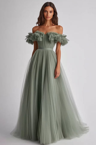 A-Linie, schulterfreies, langes Hochzeitsgastkleid in Altrosa mit Rüschen