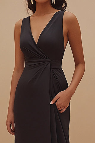 Satin V-Neck Sleeveless Long Satin Black Tie Dress