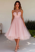 Pink A Line Strapless Tulle Knee-Length Wedding Guest Dress