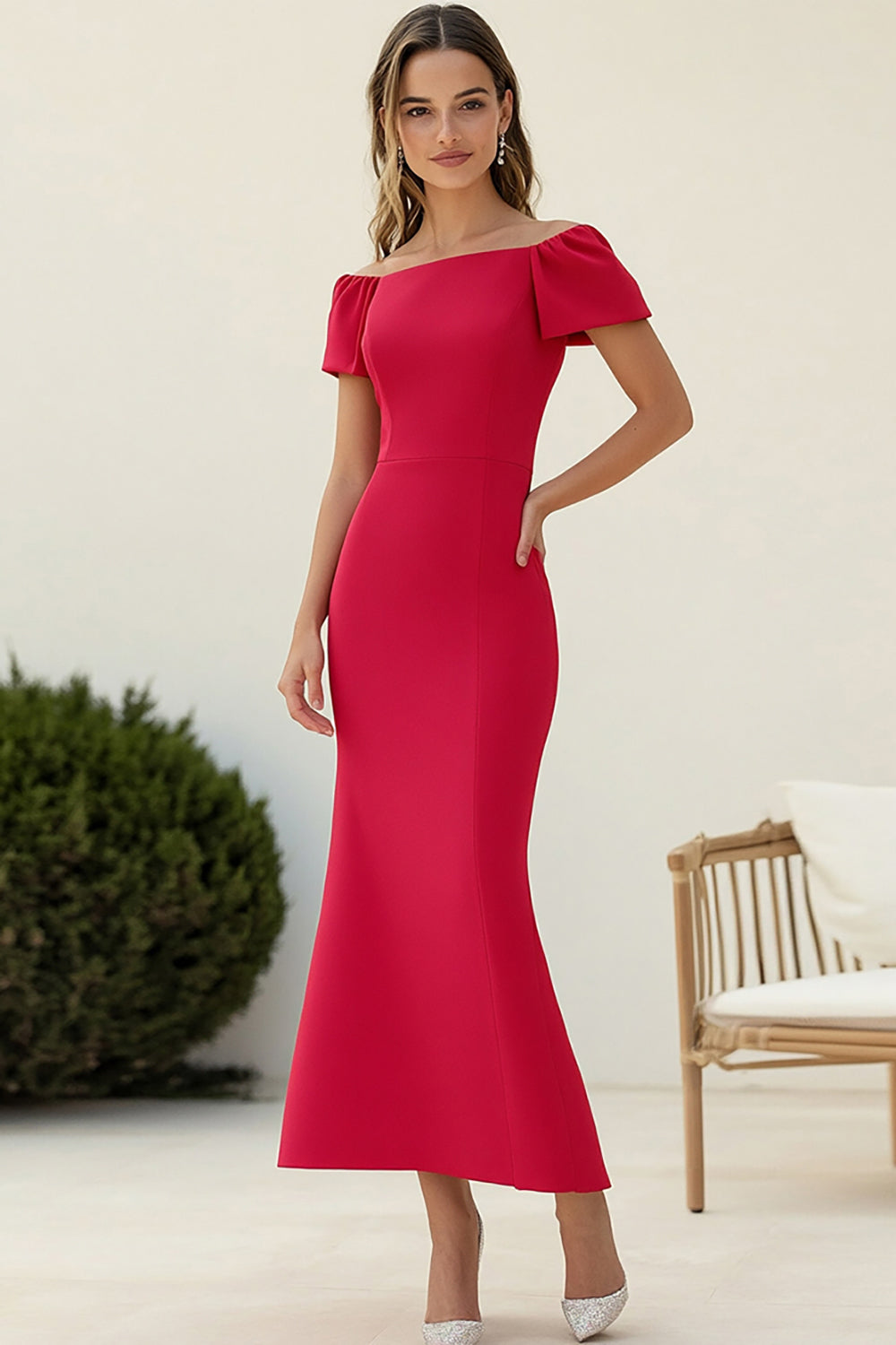 Red Sheath Long Satin Wedding Guest Dress with Short Sleeves