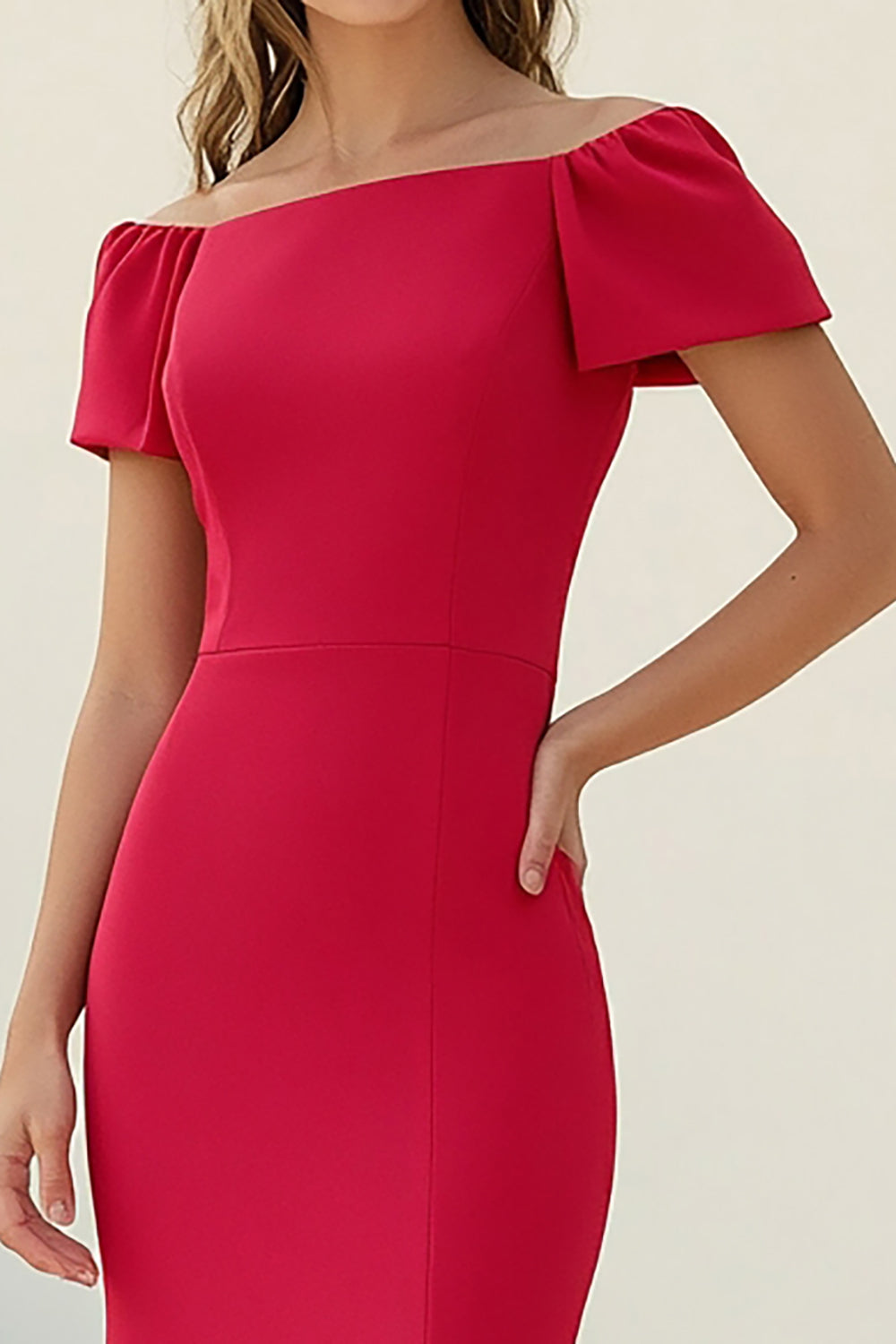 Red Sheath Long Satin Wedding Guest Dress with Short Sleeves