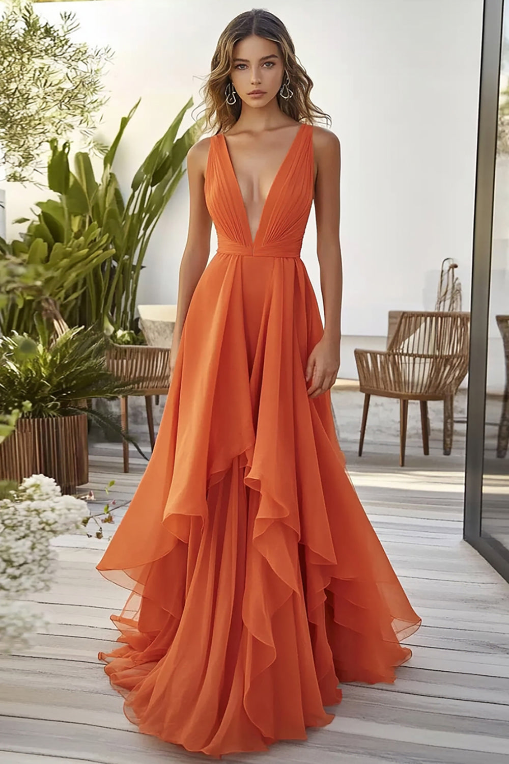 Orange Chiffon Langes Hochzeitsgastkleid mit tiefem V-Ausschnitt und Rüschen