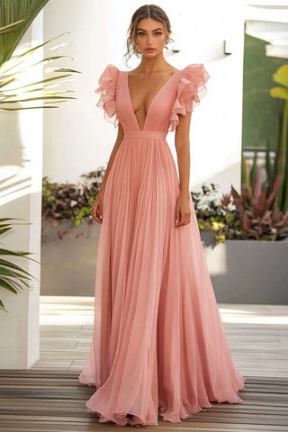Pink A Line Long Chiffon Wedding Guest Dress with Ruffles
