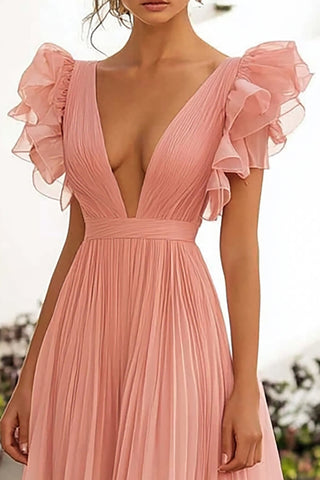 Pink A Line Long Chiffon Wedding Guest Dress with Ruffles