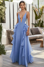 Blaues A-Linien-Kleid mit tiefem V-Ausschnitt und Rüschen, langes Hochzeitsgastkleid