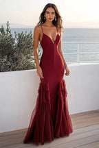 Burgundy Spaghetti Straps Mermaid Long Wedding Guest Dress