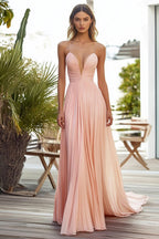 Rosa Spaghettiträger Chiffon Langes Hochzeitsgastkleid mit Plissee