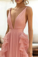 A-Linie, langes Hochzeitsgastkleid aus rosa Chiffon mit Rüschen