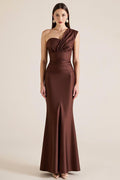 Dark Brown One Shoulder Satin Long Mermaid Wedding Guest Dress