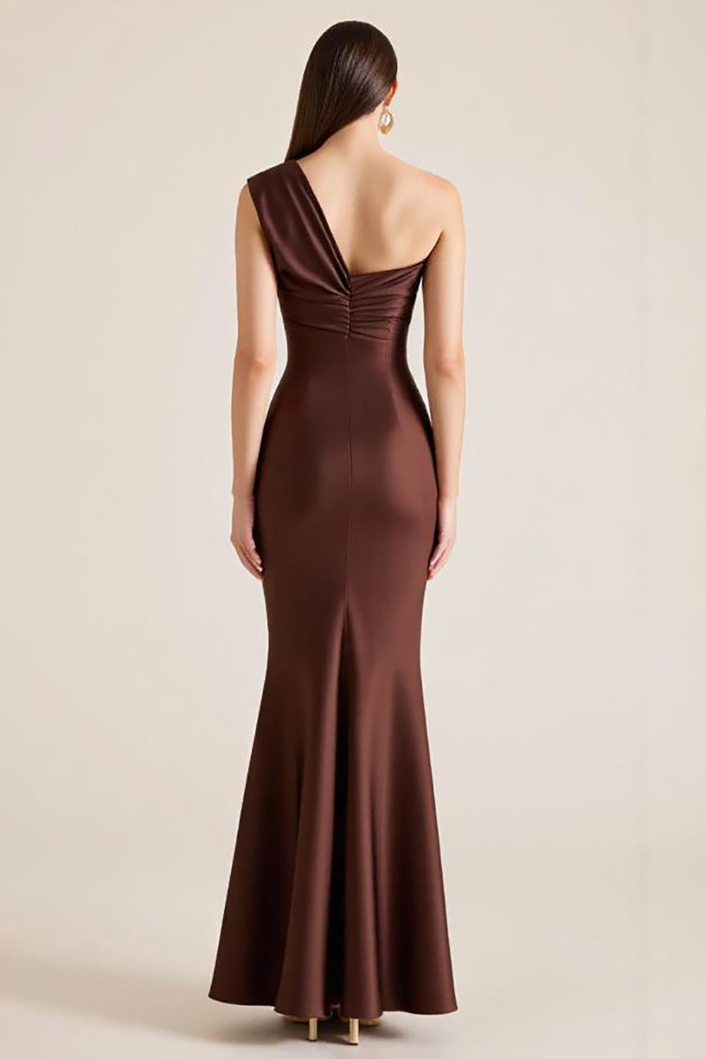 Dark Brown One Shoulder Satin Long Mermaid Wedding Guest Dress