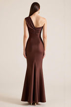 Dark Brown One Shoulder Satin Long Mermaid Wedding Guest Dress