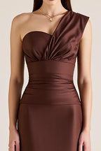 Dark Brown One Shoulder Satin Long Mermaid Wedding Guest Dress