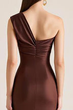 Dark Brown One Shoulder Satin Long Mermaid Wedding Guest Dress