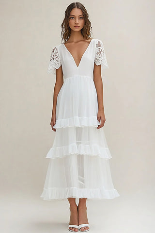 Langes weißes Chiffon-Probeessenkleid mit Spitzenärmeln