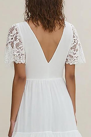 Langes weißes Chiffon-Probeessenkleid mit Spitzenärmeln