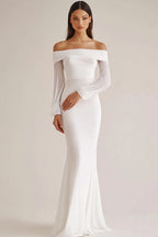 White Off the Shoulder Sheath Long Rehearsal Dinner Dress