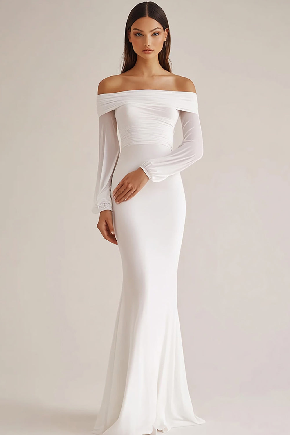 White Off the Shoulder Sheath Long Rehearsal Dinner Dress