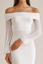White Off the Shoulder Sheath Long Rehearsal Dinner Dress