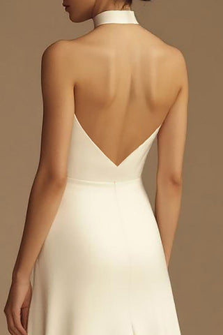 A Line White Satin Keyhole Long Rehearsal Dinner Dress