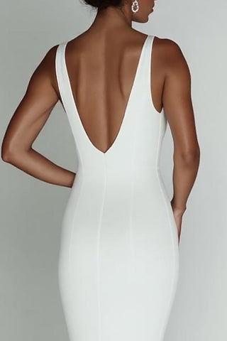 White Deep V-Neck Sleeveless Long Rehearsal Dinner Dress