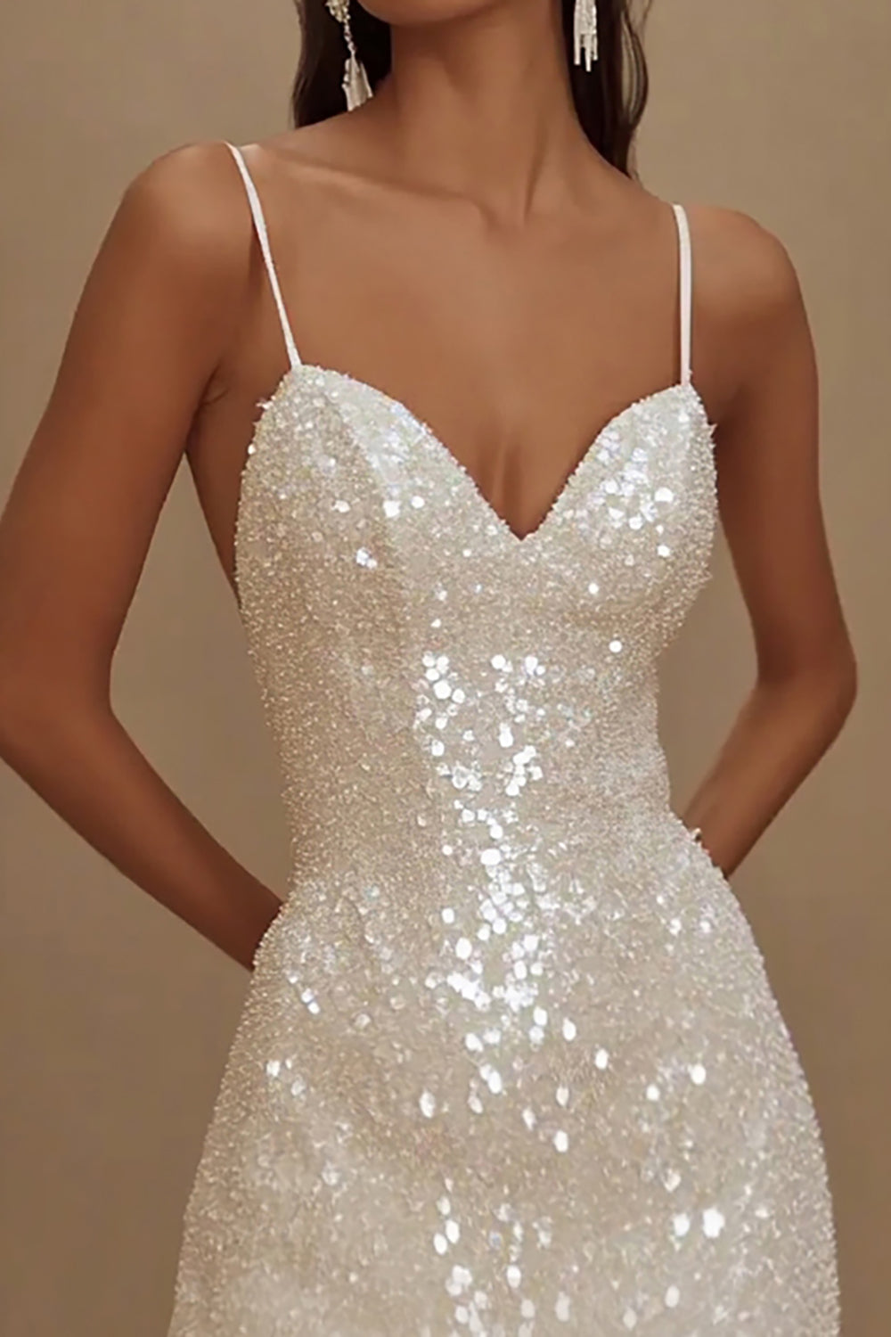 Sparkly Sequins A Line Spaghetti Straps Little White Dress