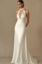 Satin Sheath Satin Long Backless Rehearsal Dinner Dress