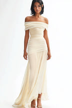 Chiffon Ivory Sheath Long Off the Shoulder Rehearsal Dinner Dress