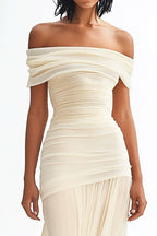 Chiffon Ivory Sheath Long Off the Shoulder Rehearsal Dinner Dress