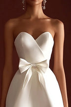 Satin A Line Backless Sweetheart Little White Dress with Bow