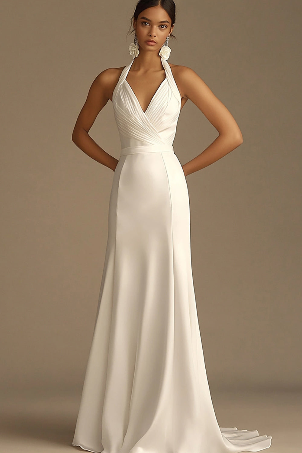 White Halter A Line Satin Long V-Neck Rehearsal Dinner Dress