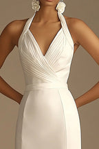 White Halter A Line Satin Long V-Neck Rehearsal Dinner Dress
