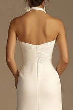 White Halter A Line Satin Long V-Neck Rehearsal Dinner Dress