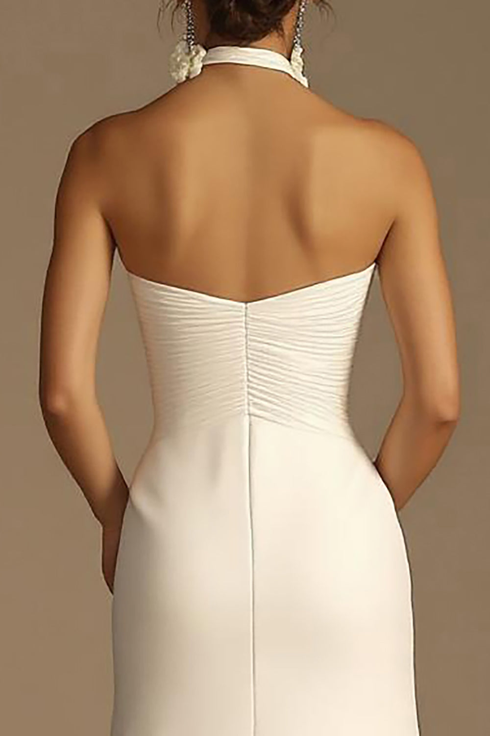 White Halter A Line Satin Long V-Neck Rehearsal Dinner Dress