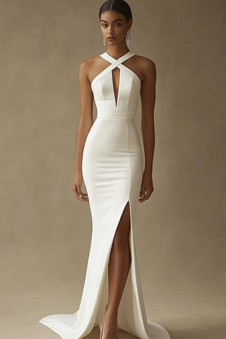 White Mermaid Halter Long Rehearsal Dinner Dress with Slit