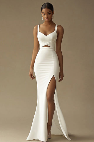 White Sweetheart Long Mermaid Rehearsal Dinner Dress with Slit