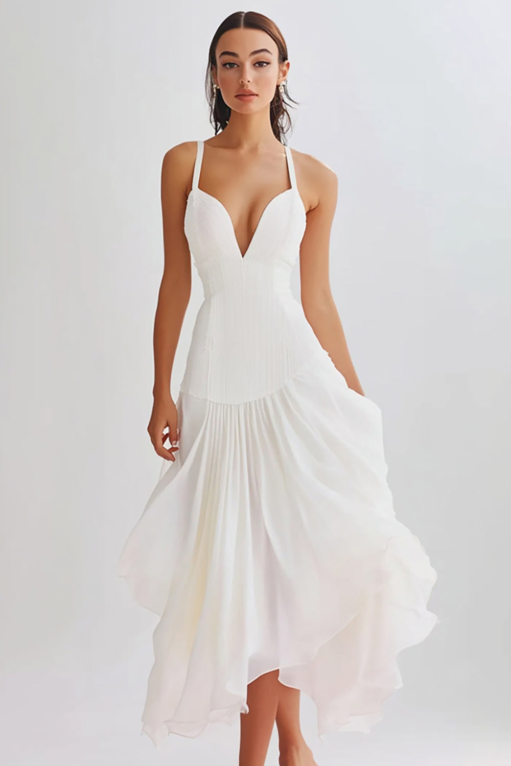 White A Line Chiffon Long Rehearsal Dinner Dress with Ruffles