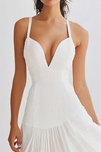 White A Line Chiffon Long Rehearsal Dinner Dress with Ruffles