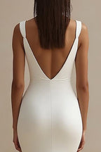 Vestido de ensaio comprido em cetim branco, sereia, franzido, com racha