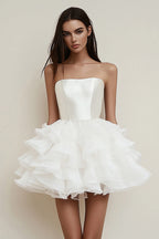 Satin Tiered Strapless A Line Square Neck Little White Dress