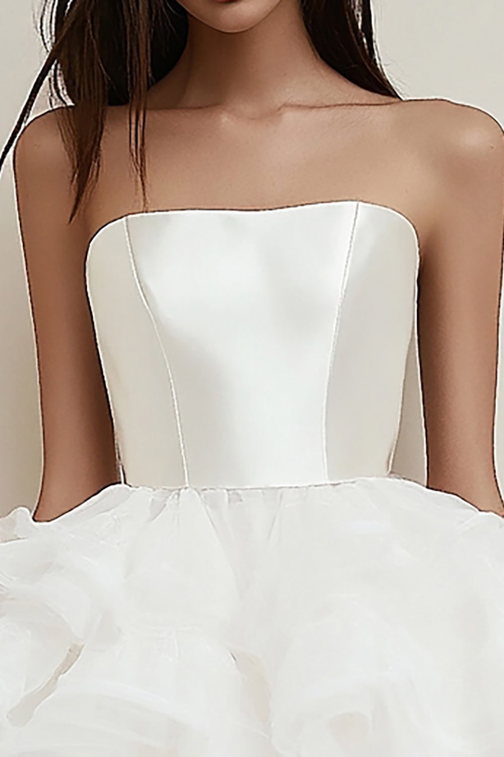 Satin Tiered Strapless A Line Square Neck Little White Dress