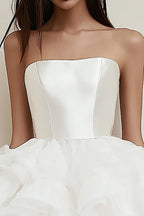 Satin Tiered Strapless A Line Square Neck Little White Dress