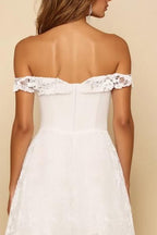 Off the Shoulder White Long A Line Rehearsal Dinner Dress with Lace
