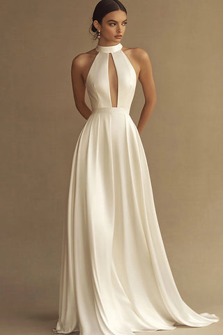 White A Line Satin Long Keyhole Rehearsal Dinner Dress