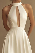White A Line Satin Long Keyhole Rehearsal Dinner Dress