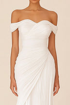 White Off the Shoulder Chiffon Long Rehearsal Dinner Dress